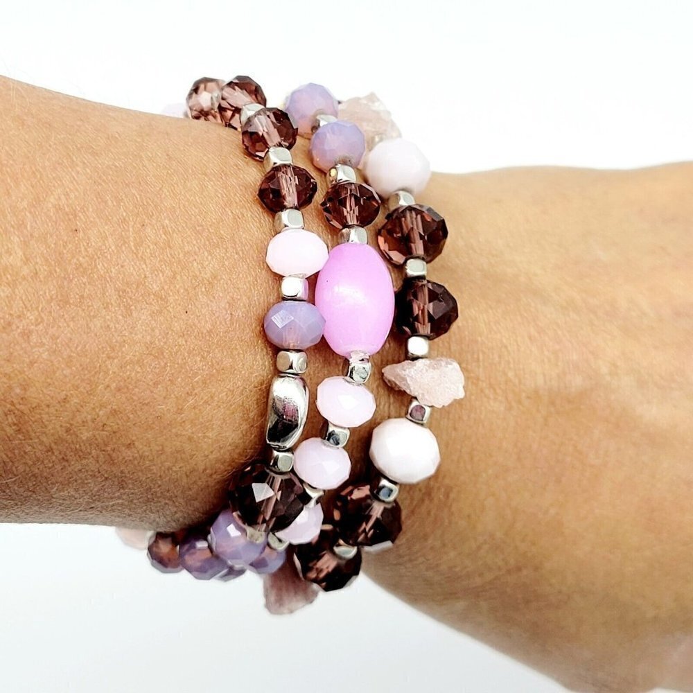 Set of 3 Stretch Stacker Bracelets Amethyst Color Glass Pink Purple White Casual